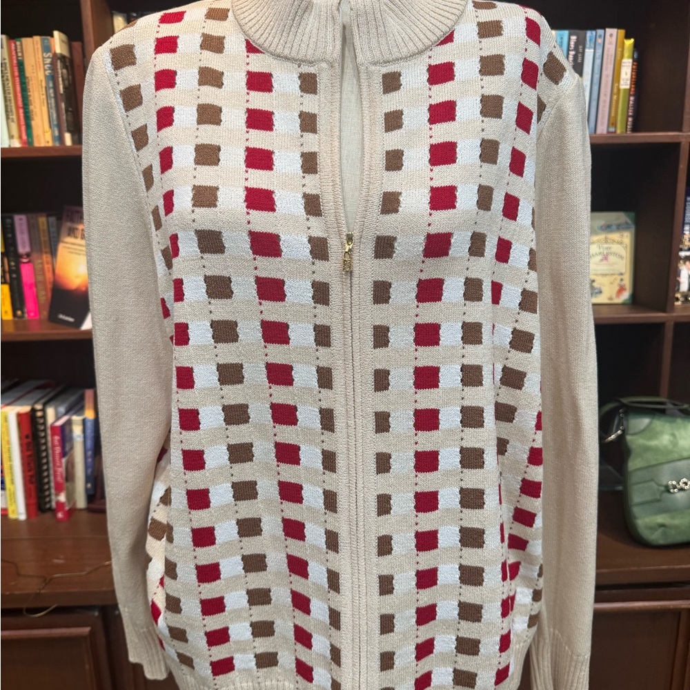 St John Sport XL Checkered Sweater - Cream, Red, and Brown
